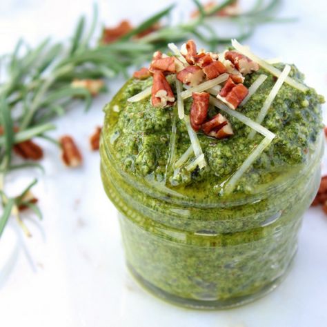 Rosemary Basil Pecan Pesto Rosemary Pesto Recipe, Pecan Pesto, Pesto Dishes, Relish Sauce, Lentil Nutrition Facts, Watermelon Nutrition Facts, Cuisinart Food Processor, Healthy Eating Guidelines, Basil Recipes