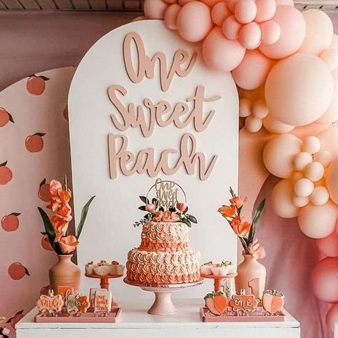 Pink Toes & Hair Bows Peach First Birthday Party Decor, Sweet One Party Food Ideas, One Sweet Peach Balloon Arch, Babygirl 1st Birthday Party Themes, Peachy First Birthday, Peaches First Birthday Party, First Birthday Peaches Theme, Peachy One Birthday, September First Birthday