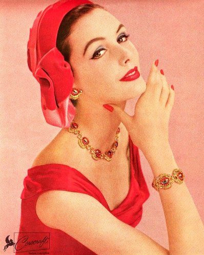 Lucinda Hollingsworth in Corocraft Jewelry ad, 1957.1950s fashion Vestidos Pin Up, Woman In Red, Coro Jewelry, Jewelry Ads, Vintage Inspired Jewelry, Va Va Voom, Retro Humor, Vintage Life, Moda Vintage