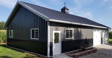 Gray And Black Metal Building, Steel Building Colors, Black And White Metal Building, Metal Barn Colors Scheme Exterior, Gray Metal Building, Gray Barndominium Exterior, Pole Barn Colors Scheme, Barn Colors Scheme Exterior, Barndo Colors