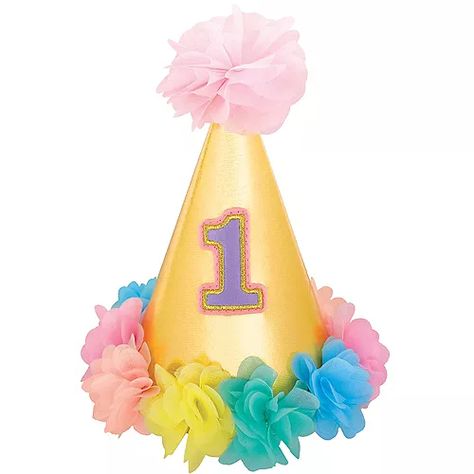 Metallic Gold & Floral 1st Birthday Party Hat Floral 1st Birthday Party, 1st Birthday Party Hat, Pink Flower Top, Floral 1st Birthday, 1st Birthday Hats, Cone Hat, 1st Birthday Girl, Rainbow Fabric, Hat Party