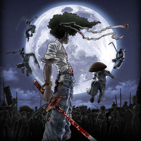 Imagine a show where Samuel L Jackson plays a samurai with an Afro....yeah Afro Samurai Art, Jonny Rotten, Pandaren Monk, Afro Illustration, Fan Art Anime, Image Dbz, Afro Samurai, Samuel L Jackson, Black Comics