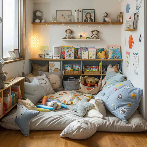 27 Playful Retreats: Providing Safe Havens for Children’s Playtime Cozy Toddler Room, Play Space In Living Room, Kids Corner In Living Room, Room For Two Boys, Toddler Room Design, Colourful Playroom, Baby Play Area, Toddler Room Ideas, Toddler Bedroom Playroom