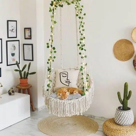 Boho-style Hanging Chair Bedroom Hanging Chair, Bedroom Swing, Macrame Hammock, Boho Chair, Hanging Hammock, Cozy Room Decor, Boho Room, Room Design Bedroom, Dream Room Inspiration