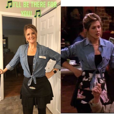 Rachel Central Perk Outfit, Rachel Green Costumes Central Perk, 90s Waitress Outfit, Rachel Halloween Costume Friends, Rachel Green Coffee Shop Outfit, Rachel Green Outfits Waitress, Rachel Green Outfits Central Perk, Rachel Waitress Outfit, Rachel Green Central Perk Outfit