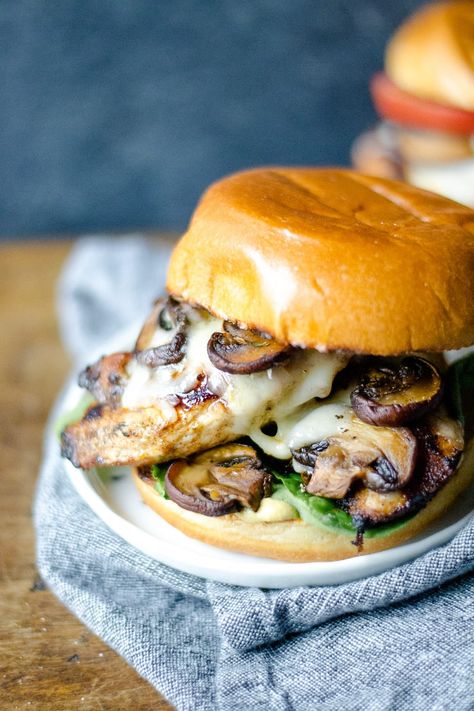 Spiced Grilled Chicken Sandwiches with Mushrooms and Swiss | Sarcastic Cooking Chicken Caesar Sandwich, Mushroom Sandwich, Chicken Mushrooms, Chicken Mushroom Recipes, Creamy Cucumber Salad, Mushroom Burger, Chicken Mushroom, Chicken Sandwiches, Chicken Spices