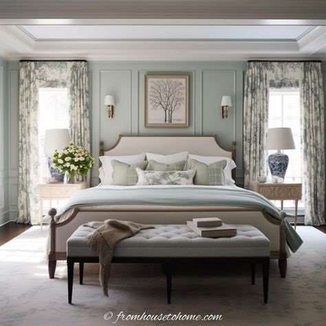 A two-toned bedroom with light green walls and cream trim and furniture Blue Green Bedrooms, Light Green Bedrooms, Bedroom Color Combination, Country Bedroom, Traditional Bedroom, Bedroom Green, Decoration Inspiration, Blue Bedroom, Remodel Bedroom