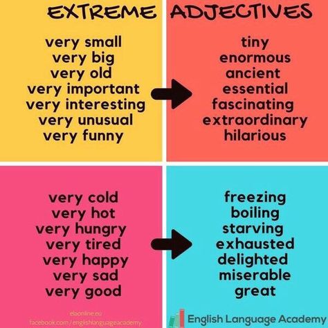 Extreme Adjectives Extreme Adjectives, Adjectives To Describe People, Adjectives Esl, Summer Vocabulary, Spring Vocabulary, At The Doctor, English Adjectives, English Posters, Teaching Skills