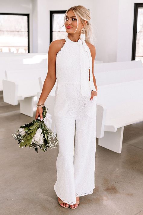 Love You Most Lace Jumpsuit White Bridal Jumpsuit Lulus, Elegant White Jumpsuit With Lace Trim, Chic White Wide-leg Jumpsuits And Rompers, White Cotton V-neck Jumpsuits And Rompers, White V-neck Jumpsuit With Tie Waist, Beige Jumpsuit, Spaghetti Strap Rompers, Secret Dress, Flattering Pants