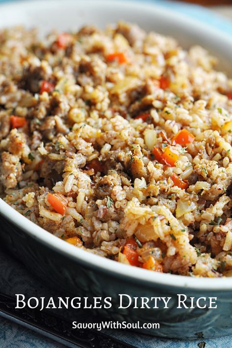 This Bojangles Dirty Rice recipe has loads of sausage and spicy flavors. So delicious and adaptable - you can create the amount of spice that you and your family like. #savorywithsoul #bojanglesdirtyrice #bojanglesrecipes #dirtyricerecipe #spicyrecipes #cajunfoodrecipes #southernrecipes Bojangles Dirty Rice, Bojangles Dirty Rice Recipe, Dirty Rice Recipe Easy, Edibles Recipe, Rice Recipe Easy, Rice Dishes Recipes, Dirty Rice Recipe, Beans And Cornbread, Rice Side Dish Recipes