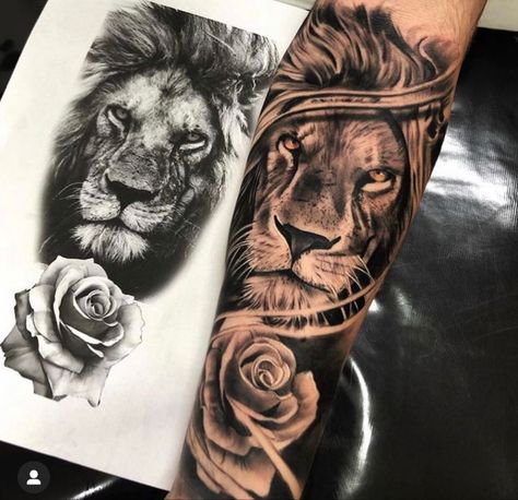 Lion And Rose Tattoo, Lion Tattoo Images, Arm Tattos, Lion Arm Tattoo, Female Lion Tattoo, Small Lion Tattoo, Lion Forearm Tattoos, Geometric Lion Tattoo, Animal Sleeve Tattoo