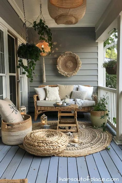 Small Porch Bench, Boho Front Porch, Cozy Front Porch Ideas, Swinging Bench, Small Back Porches, Textured Pillows, Small Porch Decorating, Front Porch Plants, Small Front Porch Ideas