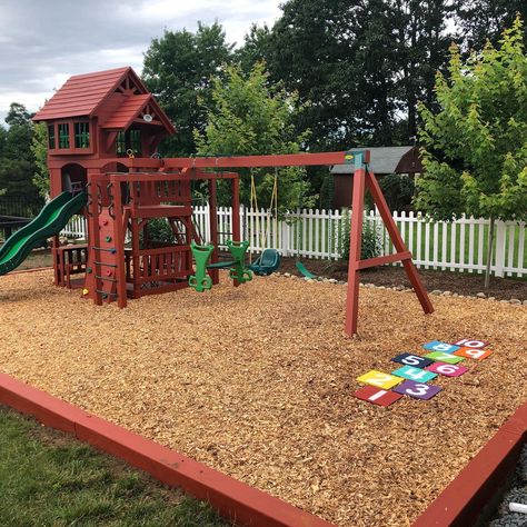 Landscaping Around Playground, Campground Playground Ideas, Backyard Playground Border, Backyard Layout With Playground, Playground Sandbox Ideas, Home Playground Landscaping, Fenced In Play Area For Kids Backyard, Play Scapes Backyard, Playground Base Ideas