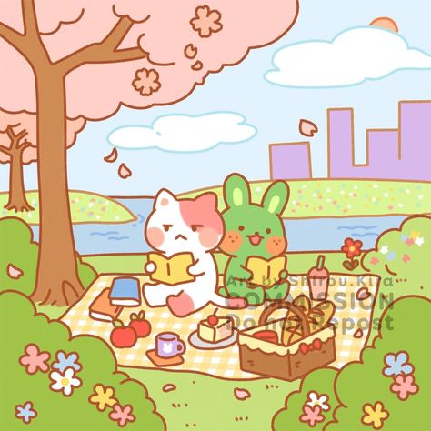 Picnic Cartoon Drawing, Kawaii Picnic Drawing, Picnic Cute Drawing, Cute Picnic Illustration, Picnic Scene Drawing, Cute Picnic Drawing, Cute Spring Illustration, Sanrio Picnic, Kawaii Picnic