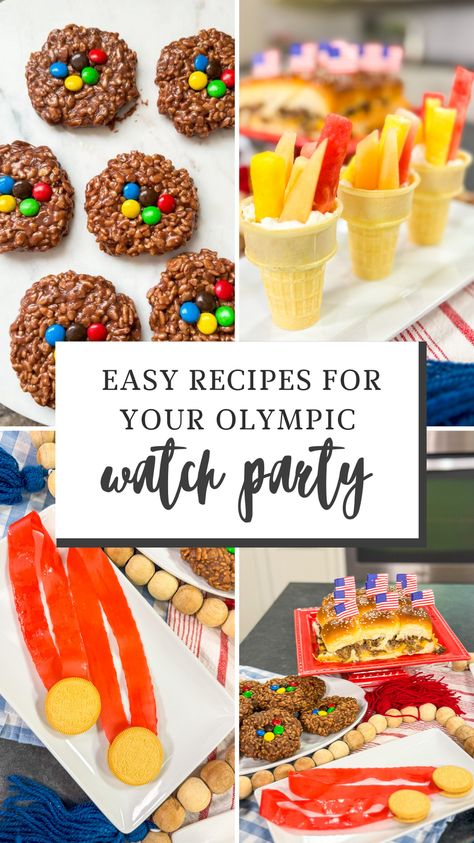 Are you looking for some Olympic party food recipes for your Olympic party? Well, you’ve come to the right place. 4 Olympic Party Foods to cheer on Team USA! From edible gold medals to fruit torches, there is something for everybody in this delicious recipe spread! Go for the gold with these surefire winners. Olympic Themed Desserts, Olympic Inspired Food, Olympic Party Food Ideas, Olympic Theme Food, Olympic Charcuterie Board, Olympic Food Ideas, Olympic Themed Snacks, Olympic Dinner, Olympic Cookies