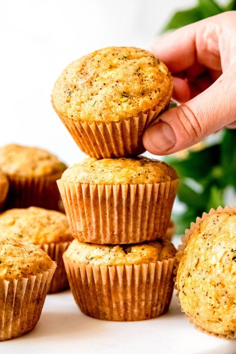 Healthy Lemon Zucchini Muffins - The Oregon Dietitian Lemon Banana Muffins, Yellow Zucchini Recipes, Lemon Muffins Healthy, Lemon Zucchini Muffins, Zucchini Muffin Recipes, Healthy Breakfast On The Go, Blender Muffins, Lemon Zucchini, Perfect Healthy Breakfast