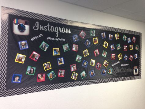 First Day Selfies Instagram Bulletin Board Selfie Bulletin Board, Instagram Bulletin Board, Graduation Bulletin Board, Technology Bulletin Board, High School History Classroom, Kindergarten Graduation Gift, Recreation Activities, Teen Ministry, Teacher Bulletin Boards