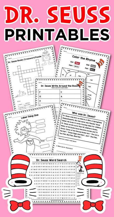 Dr. Suess Crafts, Dr Seuss Crafts Kindergarten, Dr Seuss Printables Free, Dr Seuss Printables, Free Printables For Kids, Dr Seuss Activities, Dr Seuss Crafts, Seuss Crafts, Dr Seuss Week