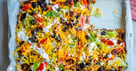 Sheet Pan Taco Bake | 12 Tomatoes Sheet Pan Taco Bake, Sheet Meals, Family Supper, Mexican Meals, Pot Dinners, Taco Bake, Sheet Pans, Pan Dinners, 12 Tomatoes