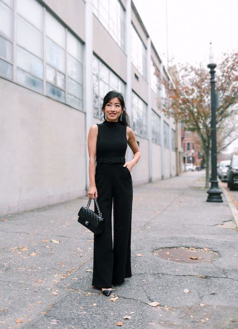 What You Need to Build the Perfect Petite Capsule Black Culottes Outfit Party, Black Jumpsuit Outfit Work, Holiday Business Outfit, Formal Black Jumpsuit Outfit, Petite Jumpsuit For Wedding, How To Dress Up A Black Jumpsuit, Black Dressy Outfits, Styling Black Jumpsuit, Black Jumper Outfit Dressy