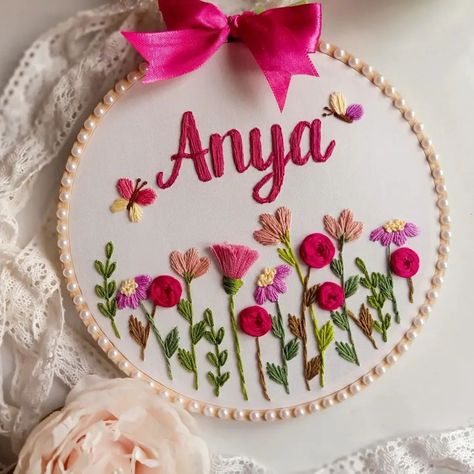 Baby name embroidery handmade hoops ❄️💖 . . Dm us for order 🎁 . . Embroidery Designs Names, Baby Hoop Embroidery, Embroidery For Baby Girl, Embroidery Name Designs, Baby Name Embroidery Hoop, Baby Embroidery Hoop, Girl Embroidery Designs, Baby Name Embroidery