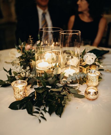 Candle Centerpieces With Greenery, Big Floral Arrangements, Centerpieces With Greenery, Green Wedding Centerpieces, Forest Theme Wedding, Rustic Winter Wedding, Big Floral, Emerald Green Weddings, Emerald Wedding