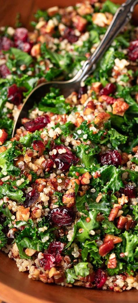 kale quinoa salad with cranberries and candied pecans Cranberry Quinoa, Candied Pecans For Salad, Kale Quinoa, Kale Quinoa Salad, Massaged Kale, Cranberry Salad, Kale Recipes, Candied Pecans, Kale Salad