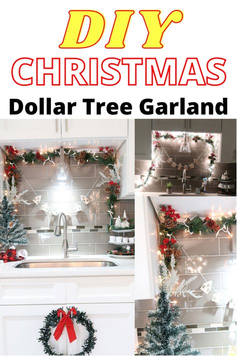 DIY CHRISTMAS GARLAND FOR ABOVE YOUR KITCHEN SINK #christmas #christmasdecor #diyhomedecor #diy #diychristmasdecorations #diygarland Decorated Garland For Christmas, Christmas Decor Dollar Tree, Kitchen Sink Diy, Dollar Tree Christmas Decor, Decorate For Christmas, Diy Christmas Garland, Dollar Tree Haul, Hanging Garland, Diy Kitchen Island