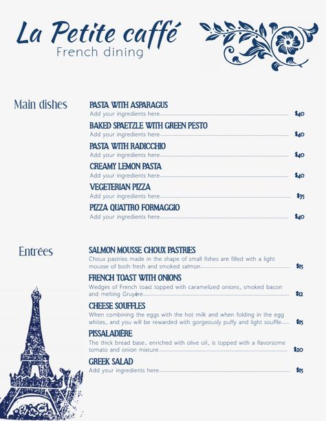 Modern minimalist French cafe menu template and background French Food Menu Design, French Menu Template, French Cafe Menu Design, French Restaurant Menu Design, Ratatouille Wedding, French Menu Ideas, French Menu Design, French Cafe Aesthetic, French Restaurant Menu