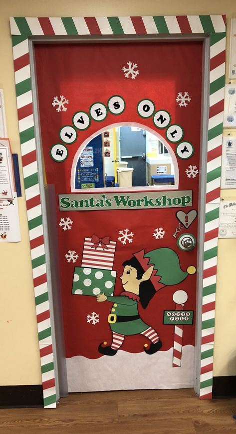 Santa Workshop Christmas Theme Classroom Door Christmas Hallway, Diy Christmas Door Decorations, Door Decorations Classroom Christmas, Classroom Christmas Decorations, Holiday Door Decorations, Diy Christmas Door, Christmas Door Decorating Contest, Christmas Classroom Door, School Door Decorations