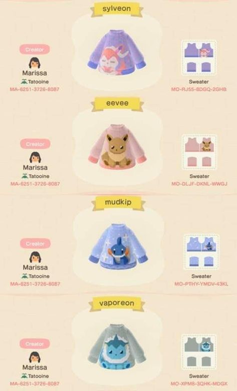 Acnh Pokemon Clothes, Animal Crossing Adventure Time Design, Animal Crossing Pokemon Clothes, Fauna Gift Guide Acnh, Animal Crossing Villagers Houses, Clothes Codes Animal Crossing, Animal Crossing Genshin Impact Outfits, Pokemon Acnh Codes, Acnh Anime Design Codes