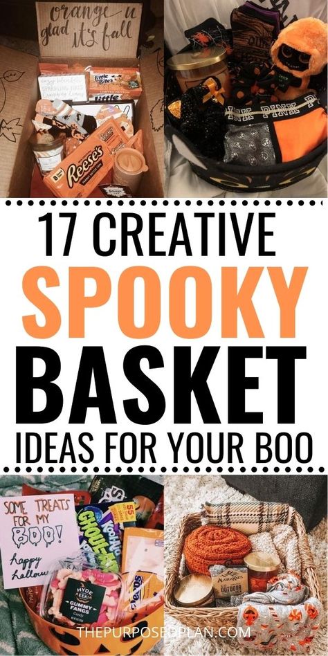 Boo Basket Ideas For Girlfriend, Spooky Basket Ideas, Man Home Decor, Diy Halloween Gifts, Spooky Basket, Halloween Care Packages, Spooky Halloween Gifts, Fall Gift Baskets, Halloween Date