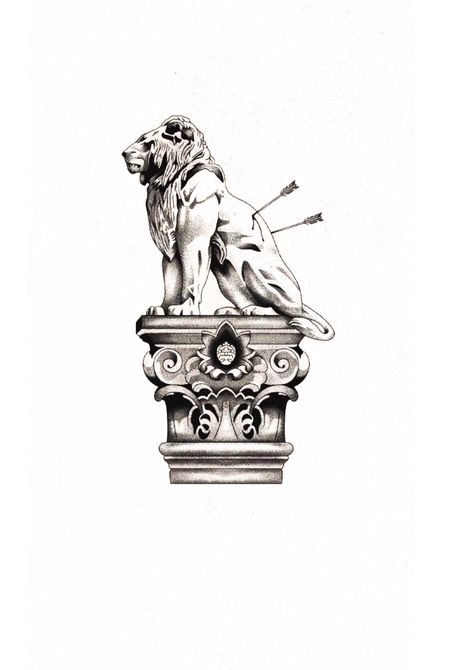 Lion With Arrow Tattoo, Aries Aquarius Tattoo, Old Lion Tattoo, Roman Lion Tattoo, Lion Statue Drawing, Large Tattoo Pieces, Lion Arrow Tattoo, Tattoo Themes Men, Baroque Art Tattoo