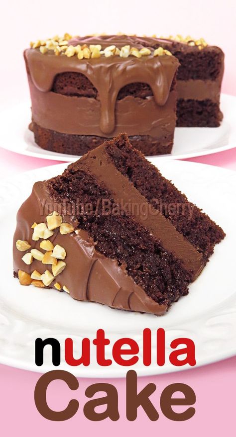 Chocolate Nutella cake recipe. A fluffy chocolate cake, moistened with a Nutella syrup, filled with a creamy Nutella cheesecake, and topped with more Nutella and toasted hazelnuts! If you like chocolate, you will love this cake! #cake #dessert #recipe #nutella #chocolate #homemade #birthday Nutella Syrup, Nutella Cake Recipe, Chocolate Nutella Cake, Nutella Desserts Easy, Nutella Birthday Cake, Nutella Recipes Cake, Fluffy Chocolate Cake, Mousse Cake Recipe, Chocolate Homemade