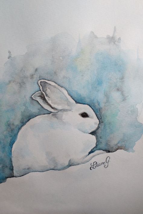 | liliane grenier Rabbit Watercolor, Bunny Watercolor, Chalk Ink, Snow Bunny, Christmas Card Art, Watercolor Christmas Cards, Watercolor Sketchbook, Bunny Art, Pastel Watercolor