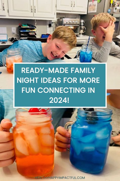 Three children enjoying vibrant drinks in mason jars around a kitchen counter. Text reads, "Ready-made family night ideas for more fun connecting in 2024!" Night Club Ideas, Stem Night Activities, Family Night Games, Family Night Ideas, Soda Drinks Recipes, Riddles Kids, Family Night Activities, Night Activities, Night Games