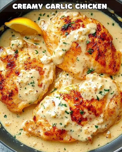 Creamy Garlic Chicken Delight Creamy Garlic Bacon Chicken, Creamy Garlic Pesto Chicken, Creamy Chicken Sauce Recipes Easy, Chicken With Lemon Garlic Cream Sauce, Slow Cooker Creamy Garlic Chicken, Chicken Recipes With Greek Yogurt, Baked Creamy Chicken Recipes, Chicken Thigh Alfredo, Creamy Baked Chicken Thighs