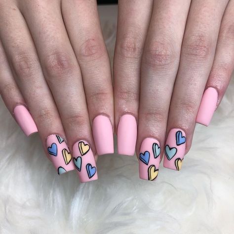 Valentine Candy Heart Nails, Sweetheart Candy Nails, Candy Heart Nail Art, Conversation Hearts Nails, Candy Heart Nails, Hearts Nails, Pride Nails, Vday Nails, Heart Nail Designs