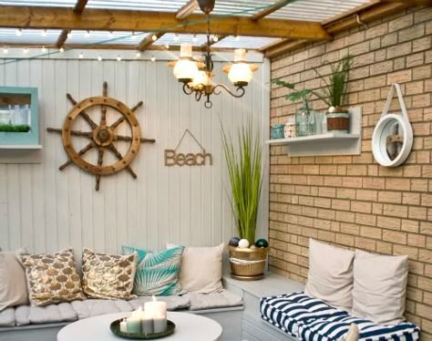 Nautical Beach Patio: http://www.completely-coastal.com/2016/06/nautical-beach-patio-makeover-before-after.html Patio Makeover with Before and After Pictures. Nautical Exterior, Coastal Patio, Hamptons Decor, Beach Patio, Backyard Beach, Beach Room, Beach Theme Decor, Coastal Bedrooms, Exterior Makeover