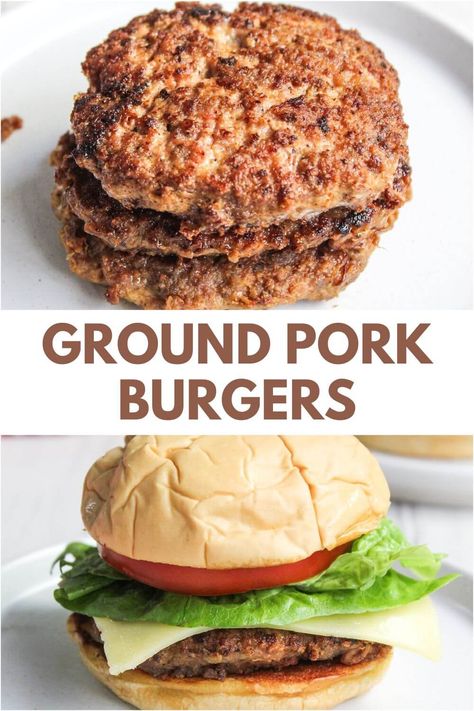 Easy ground pork burgers recipe served on a bun with lettuce, tomato, and cheese with title text. Ground Pork Burgers, Bacon Burger Recipes, Pork Burgers Recipes, Smoked Pork Recipes, Sausage Burgers, Recipe For Air Fryer, Ground Pork Recipes, Pork Recipes For Dinner, Pork Recipes Easy