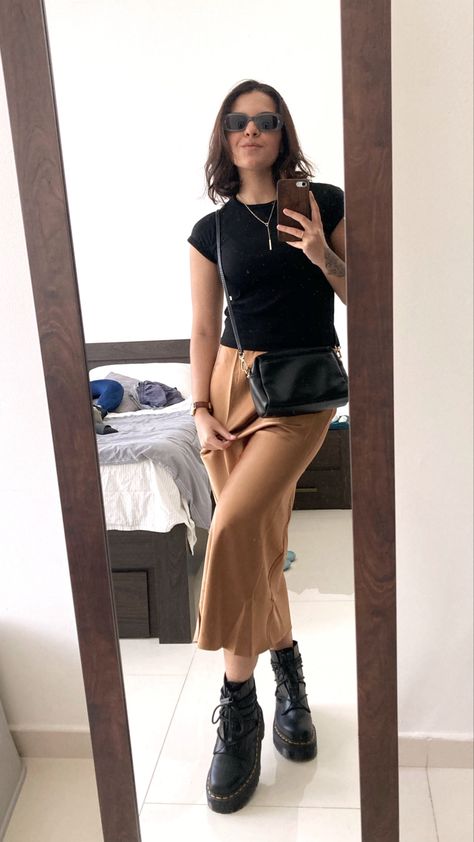 Black cotton shirt (Zara) + Bronze satin skirt (Mango) + Dr. Martens Jarrick II Satin Skirt With Dr Martens, Bronze Skirt Outfit, Dr Martens Jarrick Ii, Dr Martens Jarrick, Vietnam Fits, Cinema Outfit, Brown Dr Martens, Satin Skirt Outfit, Dr Martens Outfit