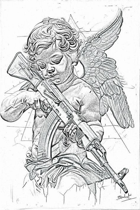 Arcangel Tattoo, Tattoo Ak47, Angel Y Diablo, Gangster Drawings, Tattoo Coloring Book, Christ Tattoo, Hourglass Tattoo, Cool Tattoo Drawings, Skull Sleeve Tattoos