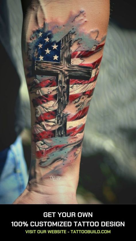 American Flag Tattoo Ideas: Show Your Patriotism with Pride - Tattoo Build Cross American Flag Tattoo, Skull Flag Tattoo, Cross With American Flag Tattoo, Cross And American Flag Tattoo, Eagle Flag Tattoo Design, Cross And Flag Tattoo, American Flag Back Tattoo, Man Tattoo Ideas Arm, Black American Flag Tattoo