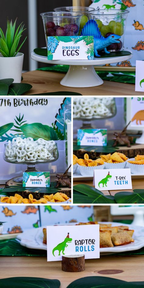 Dinosaur Birthday Party Food, Dinosaur Party Food, Dinosaur Food, Dinosaur Birthday Theme, Dinosaur Birthday Party Decorations, Dinosaur Birthday Cakes, Fest Temaer, Food Cards, Dinosaur Themed Birthday Party