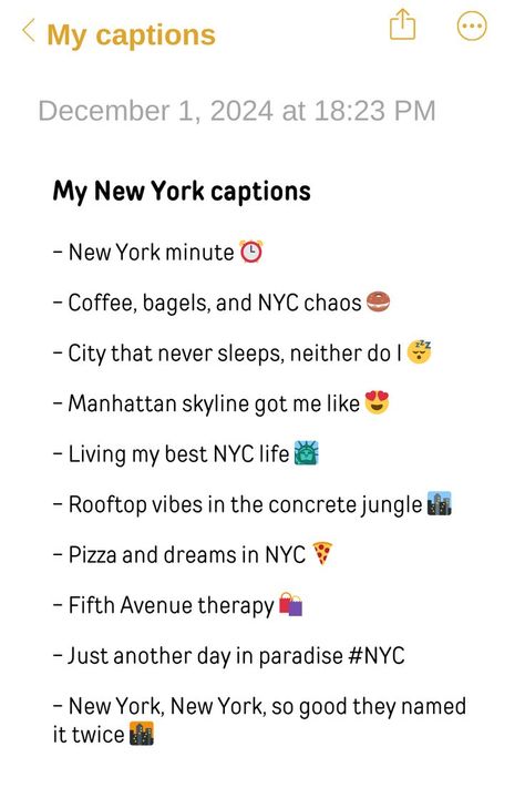 List of New York captions Instagram aesthetic ideas written in a phone notes format, ideal for Nyc Pics and New York City Pictures. Nyc Instagram Story, New York Captions Instagram, Nyc Instagram Captions, Captions Instagram Aesthetic, Instagram Aesthetic Ideas, Nyc Vacation, Nyc Pics, Photo Captions, Winter Nyc