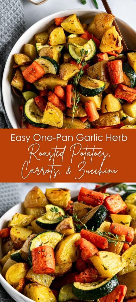 Easy One-Pan Garlic Herb Roasted Potatoes, Carrots, & Zucchini - Yummy and fully Carrot And Potato Recipes Oven Baked, Roasted Potatoes And Squash In Oven, Roasted Zucchini And Sweet Potatoes, Garlic Herb Roasted Potatoes Carrots And Zucchini Recipe, Zucchini Sweet Potato Recipes, Potato And Zucchini Recipes, Roasted Potatoes And Squash, Potato And Carrot Recipes, Italian Potluck