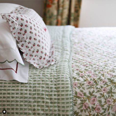 Pink And Green Nursery, English Cottage Bedroom, Country Cottage Bedroom, Striped Bedroom, Flat Bedroom, House Shopping List, Pink Quilt, Cottage Quilt, Embroidered Bedding