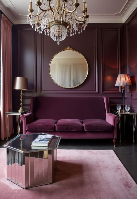 Transform your living space into a glamorous retreat with this stunning living room design! ✨ The deep burgundy velvet sofa complements rich plum walls, while a mirrored coffee table adds a touch of sophistication. A crystal chandelier and a soft pink area rug bring warmth and elegance to this dramatic setting. Elevate your home decor! 🛋️ Mauve Living Room Decor, Mauve Sofa Living Room, Burgundy And Pink Living Room, Burgundy Living Room Decor, Plum Interiors, Dark Purple Living Room, Mauve Living Room, Plum Walls, Burgundy Room