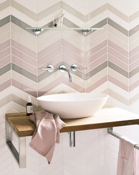 Fired Earth Bathroom Colors Gray, Neutral Backsplash Kitchen, Patterned Tile Backsplash, Pink Tiles, Fired Earth, Room Tiles, Bathroom Shower Tile, Trendy Bathroom, Pink Bathroom