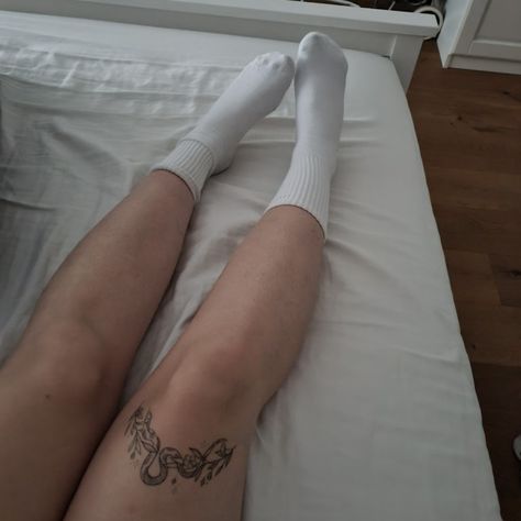 Leg tattoo snake over knee woman white socks Snake Around Knee Tattoo, Knee Snake Tattoo, Leg Tattoo Above Knee, Words Above Knee Tattoos Women, Leg Tattoo Snake, Above Knee Tattoo Women, Tattoo Knee Woman, Snake Knee Tattoo, Above Knee Tattoos Women